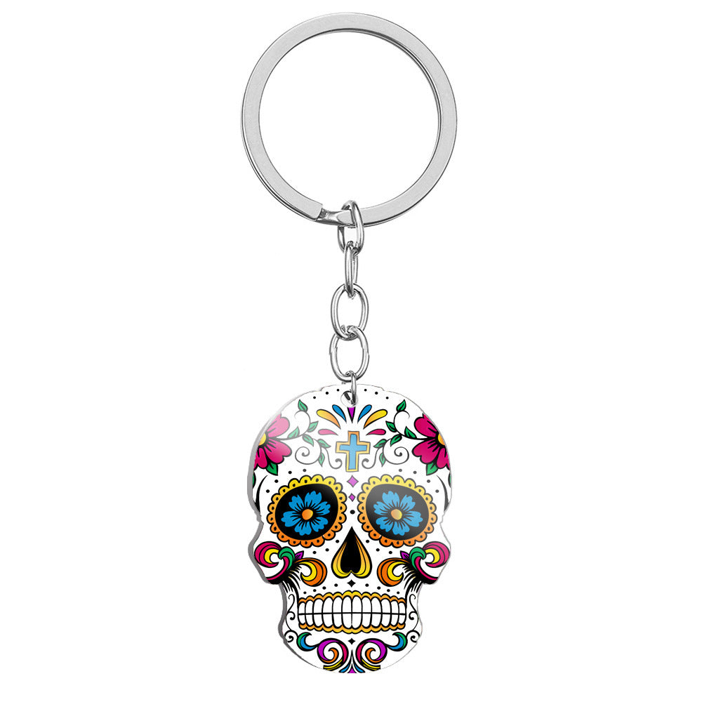 DayOfTheDeadSkullColorPrintingStainlessSteelKeyRing